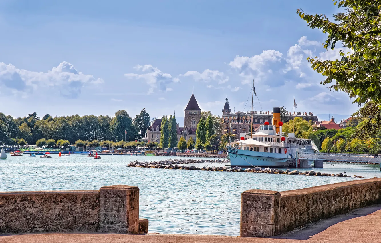 Photo wallpaper lake, Switzerland, boat, Lausanne