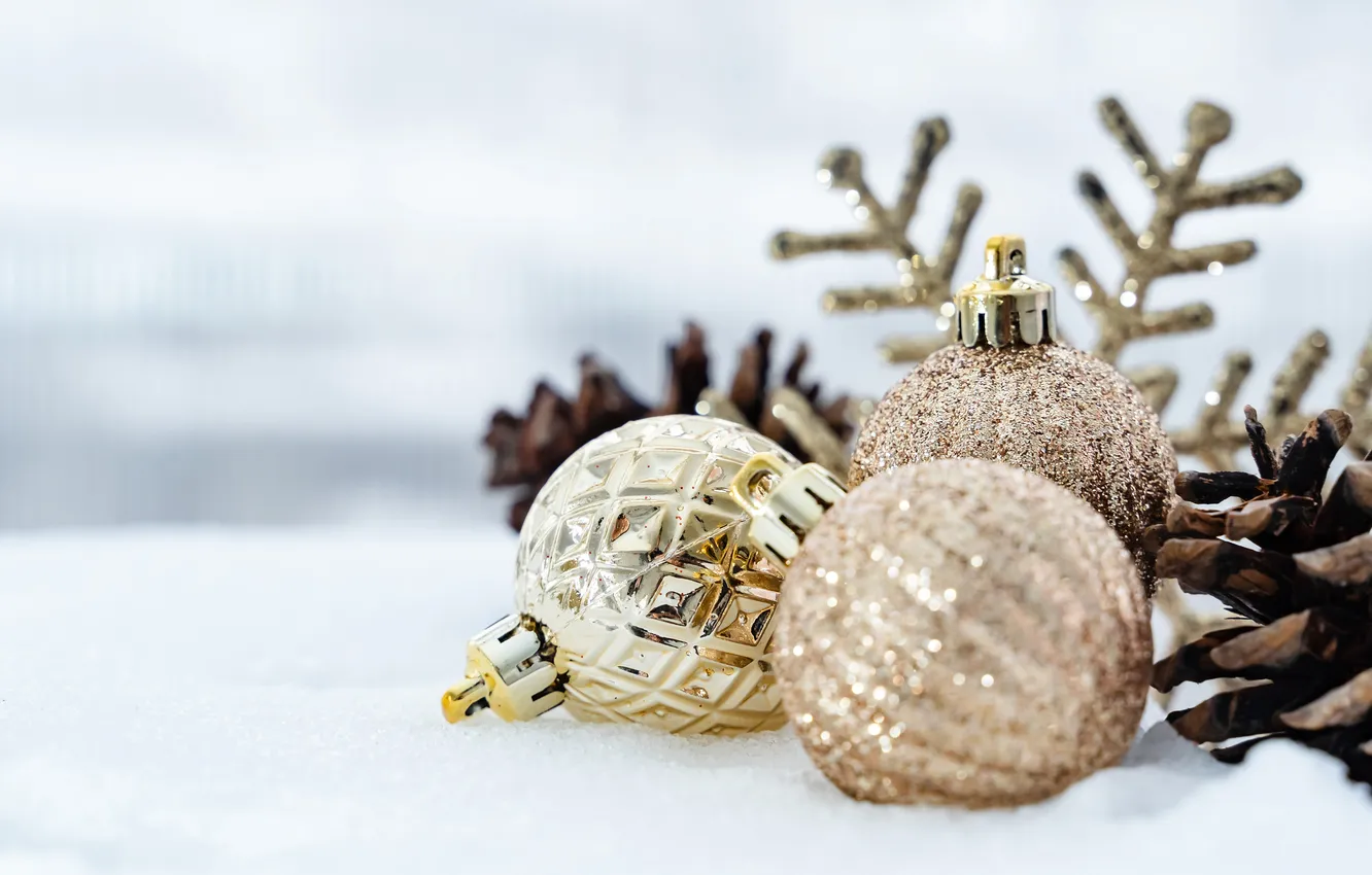 Photo wallpaper winter, balls, snow, snowflakes, Shine, new year, Christmas, gold