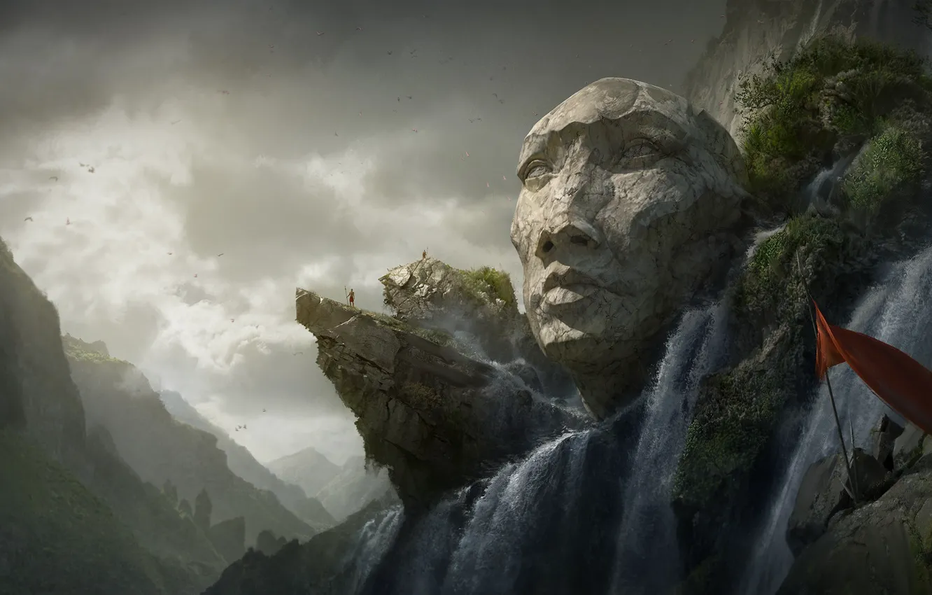 Photo wallpaper mountains, face, waterfall, hex statue, Old Valley