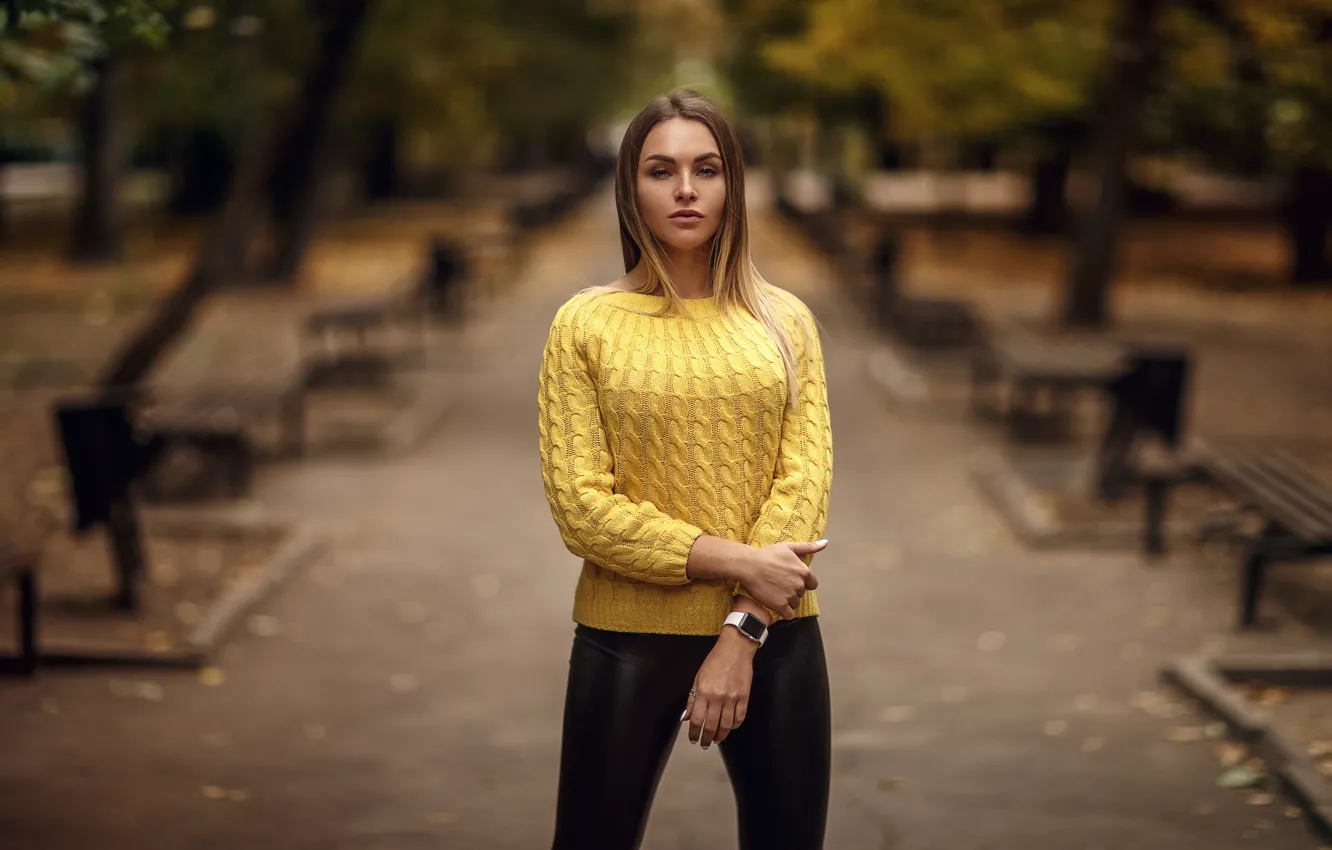 Photo wallpaper autumn, look, girl, trees, bench, Park, watch, figure