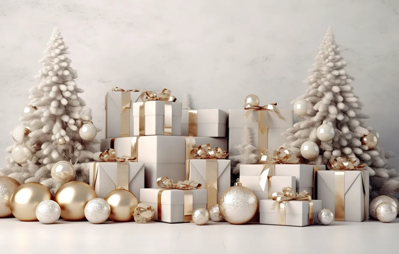 Photo wallpaper gift, balls, tree, new year, Christmas, golden, white, Christmas
