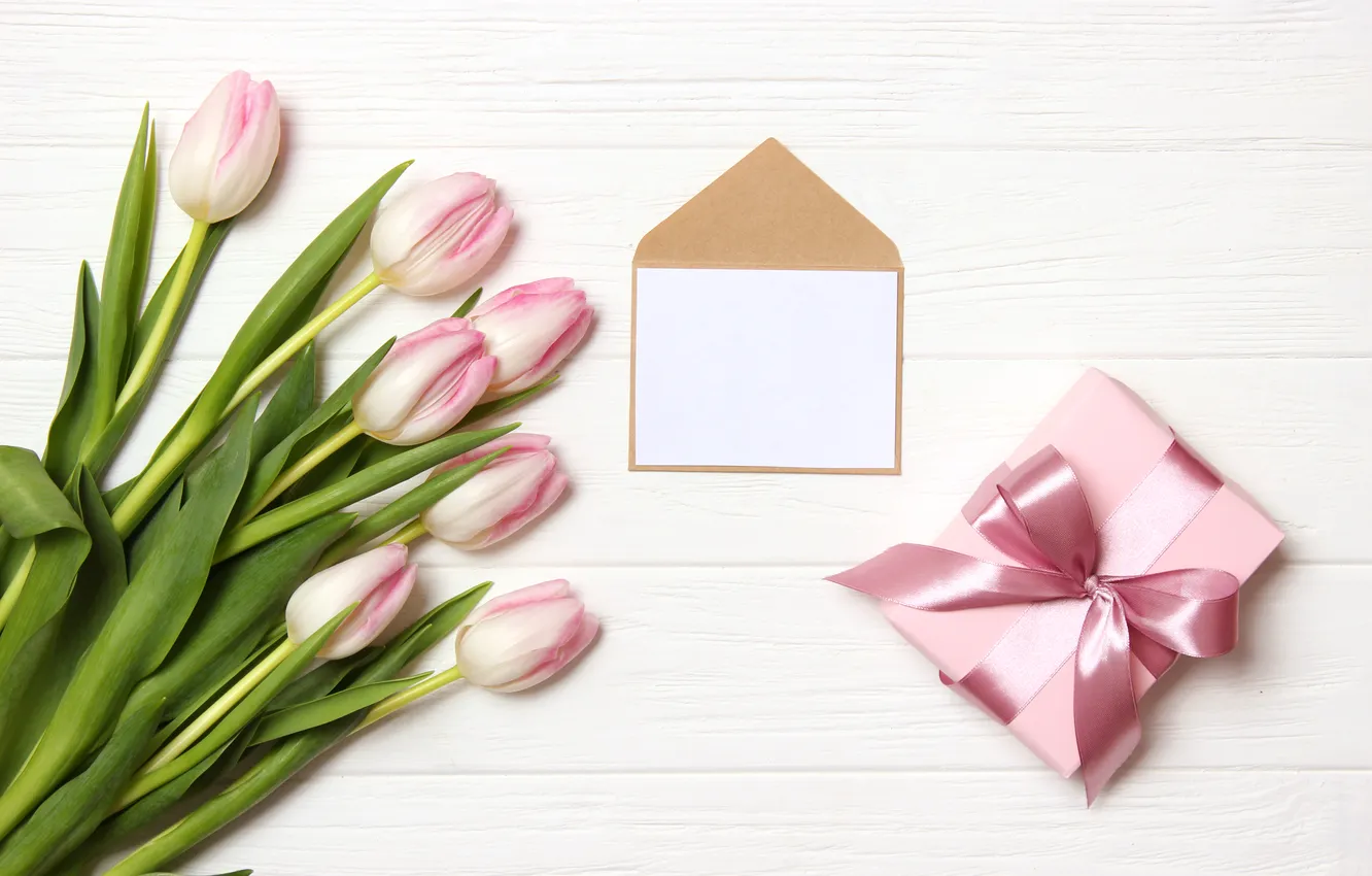 Photo wallpaper flowers, gift, bouquet, tulips, pink, wood, pink, flowers