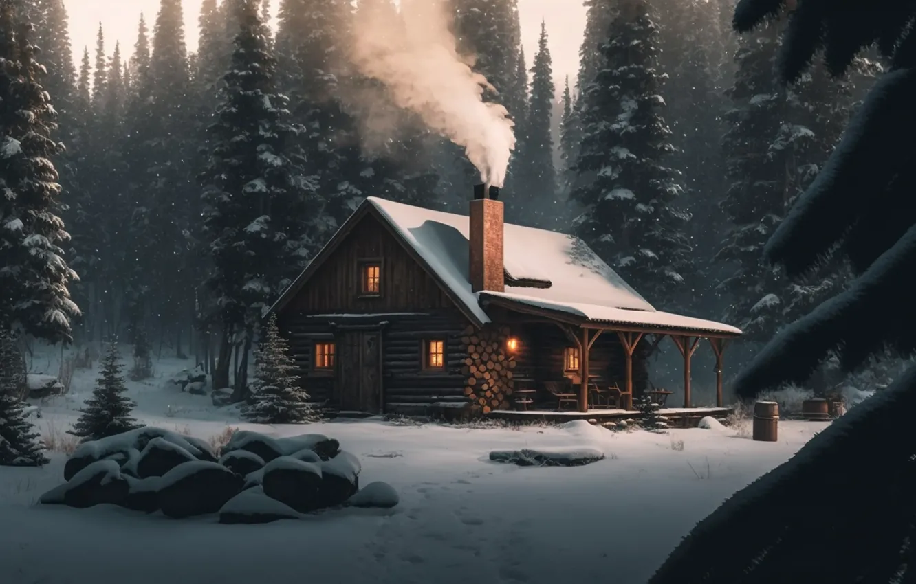 Photo wallpaper winter, forest, light, snow, trees, night, nature, comfort