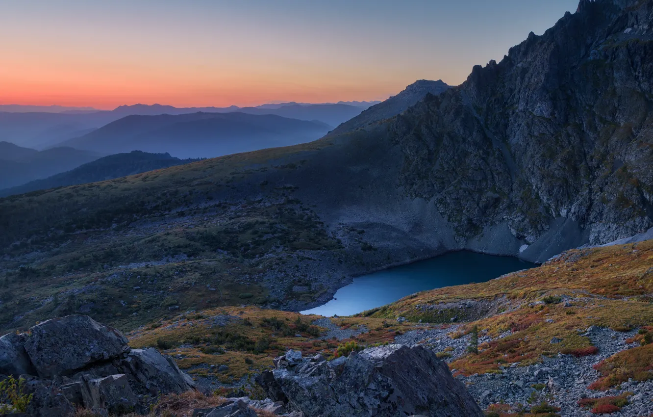 Photo wallpaper landscape, mountains, nature, lake, stones, rocks, dawn, morning