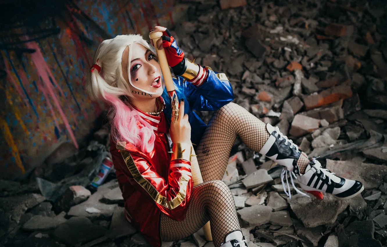 Photo wallpaper look, face, style, the ruins, legs, Asian, baseball bat