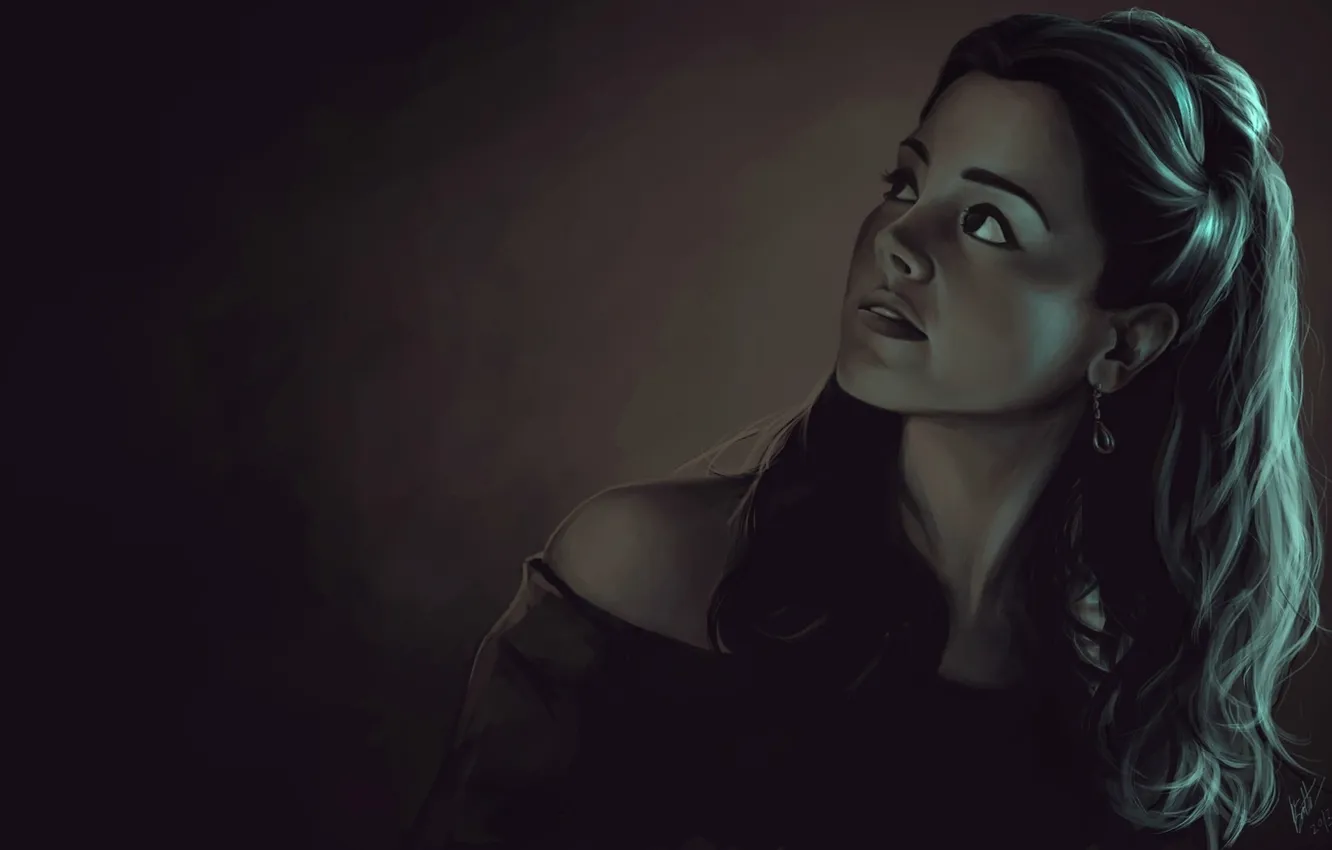 Photo wallpaper look, girl, face, background, hair, earrings, dress, art