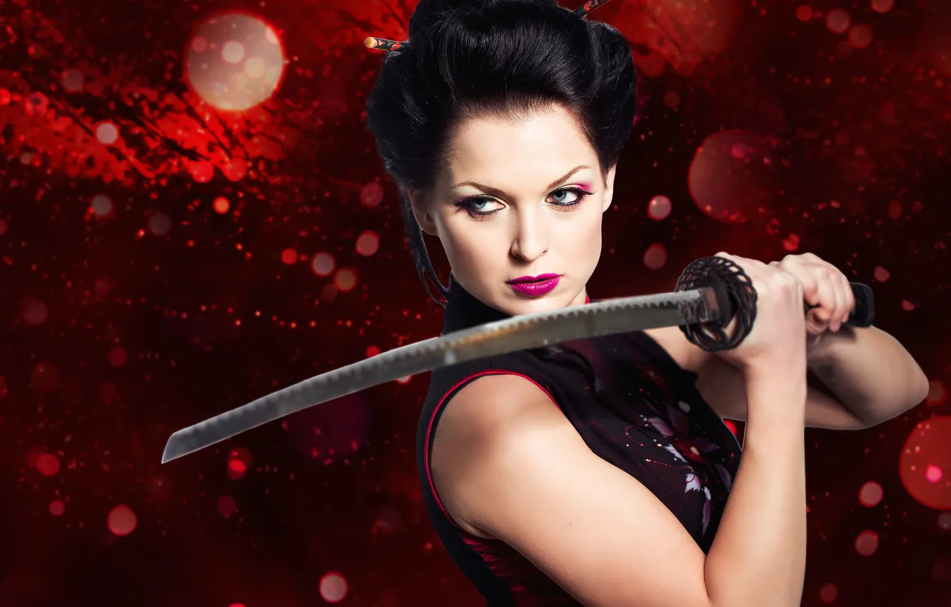 Photo wallpaper look, girl, face, weapons, background, hair, makeup