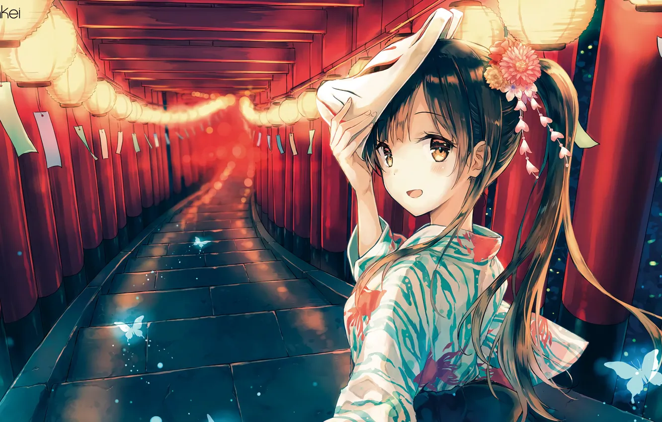 Photo wallpaper butterfly, Japan, mask, corridor, flashlight, girl, kimono, flower in hair