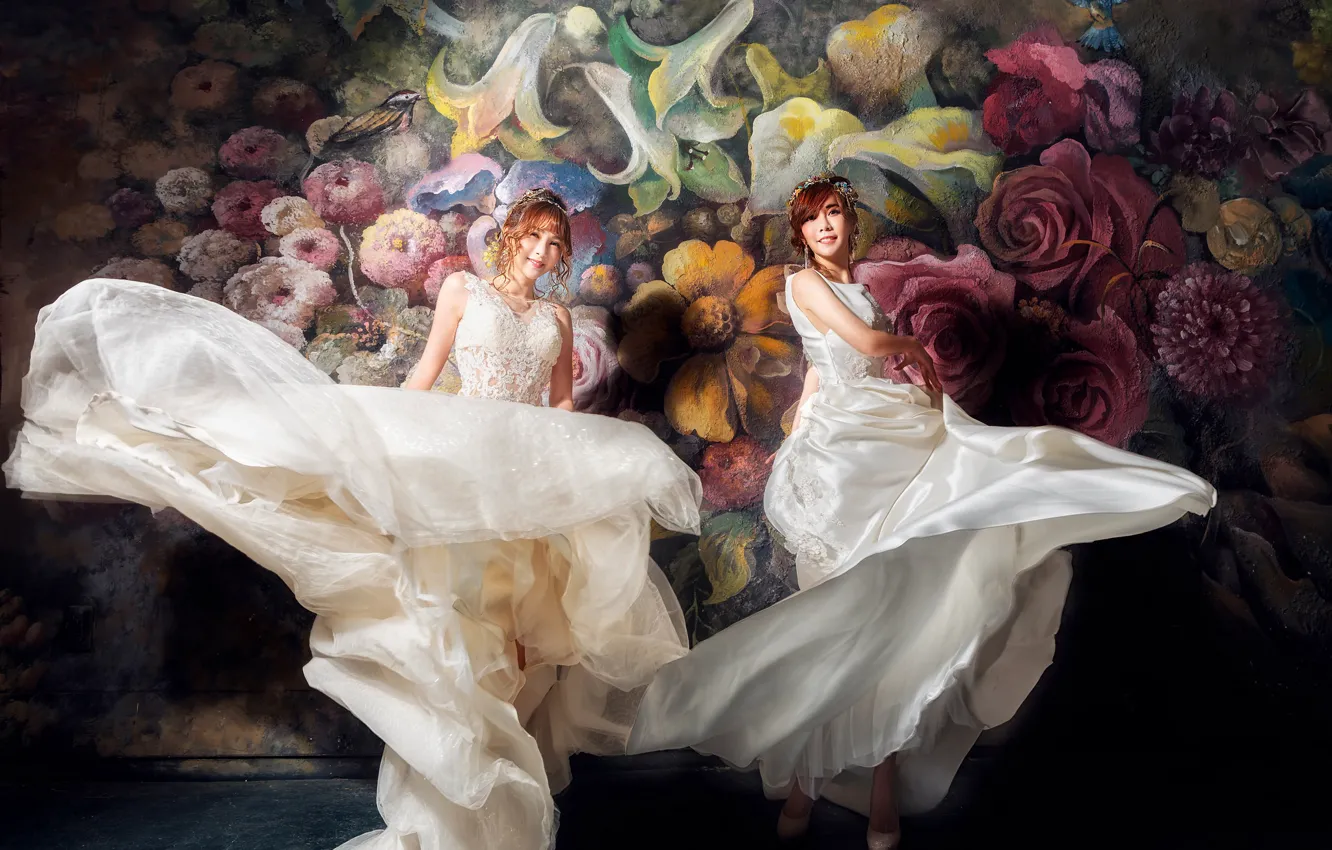 Photo wallpaper girl, flowers, smile, the dark background, background, movement, wall, two