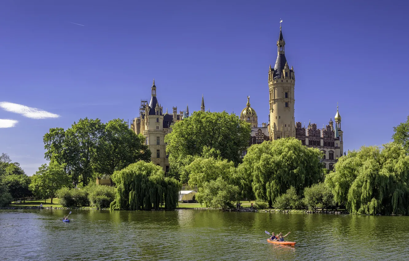 Photo wallpaper river, castle, Germany, Schwerin Castle