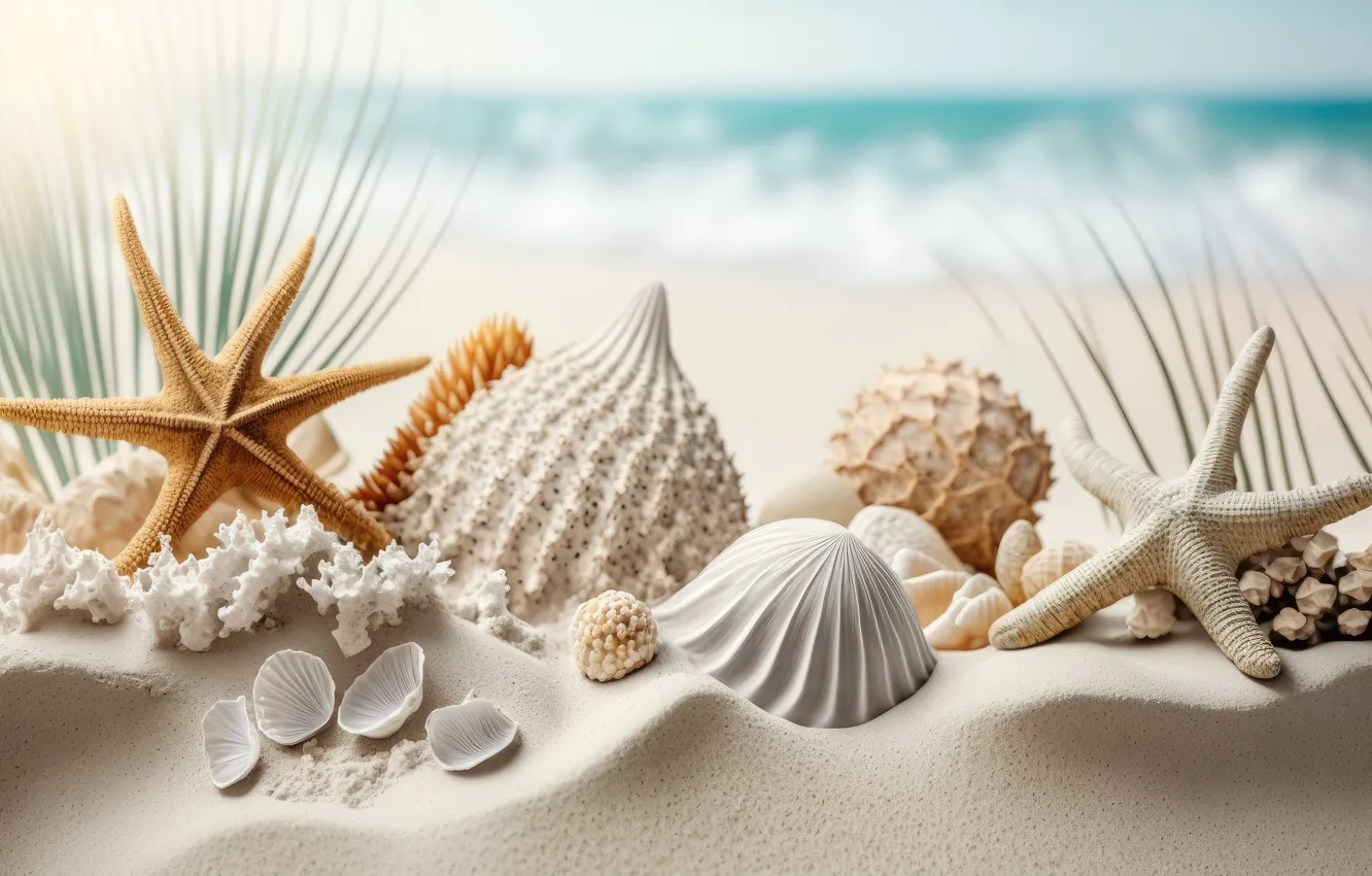 Photo wallpaper sea, beach, shore, shell, starfish, seashells, seashell, AI art