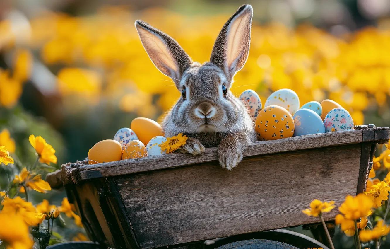 Photo wallpaper field, light, flowers, grey, holiday, eggs, legs, spring