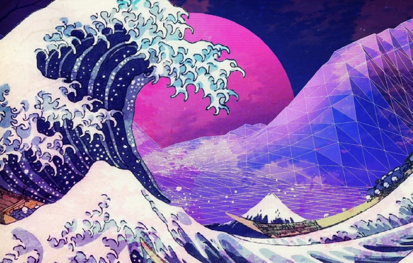Photo wallpaper purple, aeshtetic, vaporwave, kanagawa great wave, the great wave