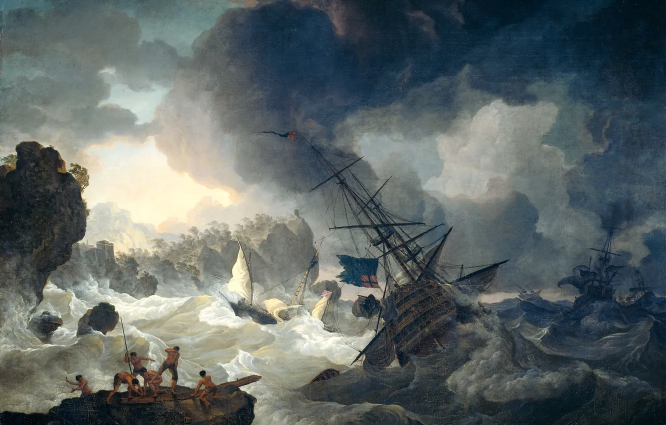 Photo wallpaper sea, wave, storm, oil, canvas, seascape, Shipwreck, Hendrik, Cabell