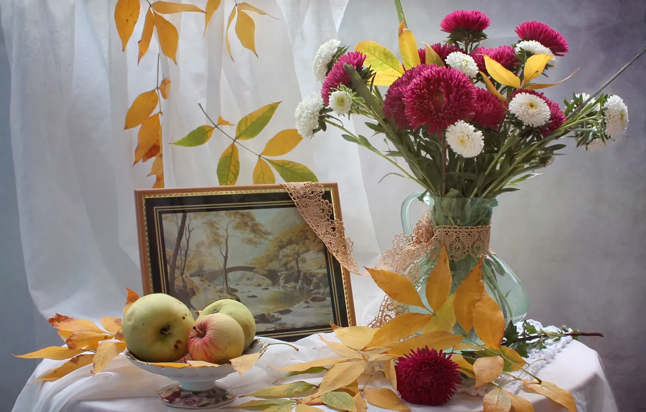 Photo wallpaper autumn, leaves, flowers, table, apples, picture, yellow, vase