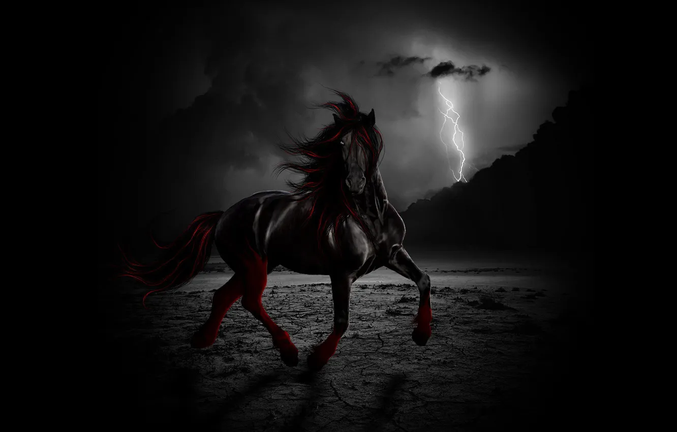 Photo wallpaper freedom, night, clouds, horse, the wind, lightning
