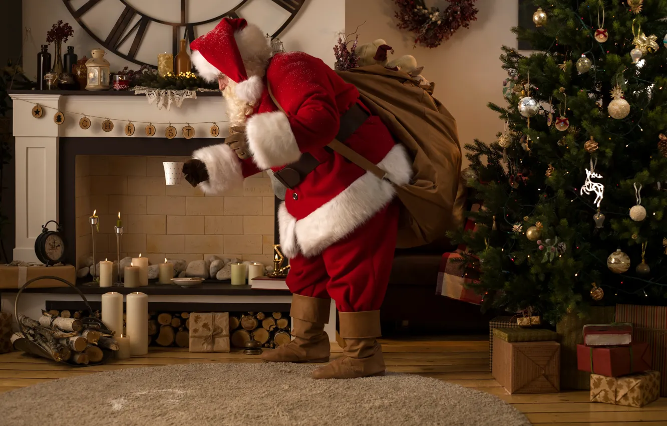 Photo wallpaper fire, holiday, hat, toys, carpet, boots, candles, Christmas