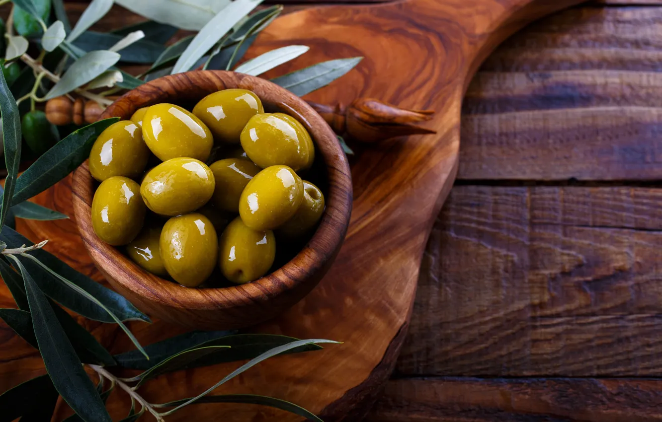 Photo wallpaper leaves, Board, bowl, olives, cutting Board