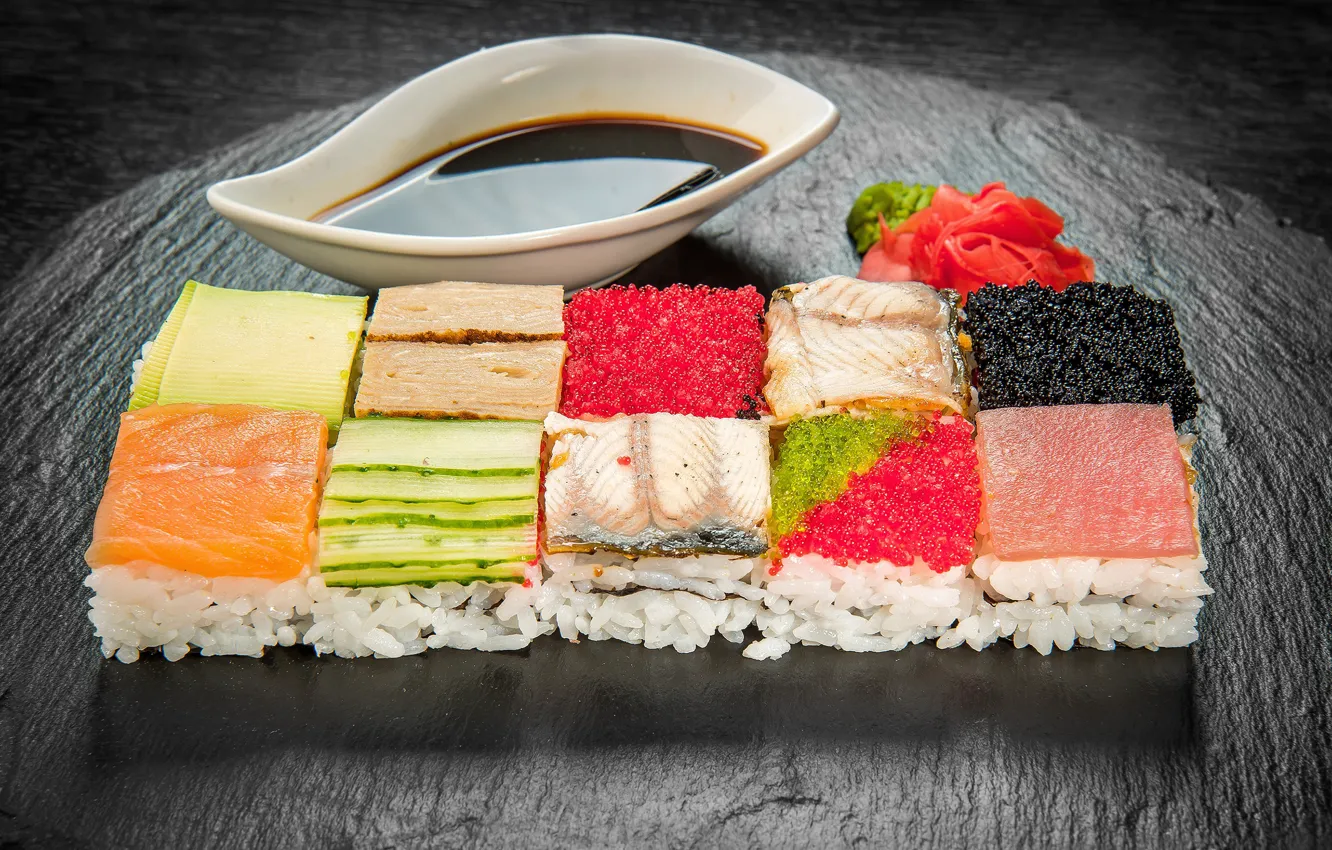 Photo wallpaper fish, figure, sauce, caviar, delicious, sushi, sushi, seafood