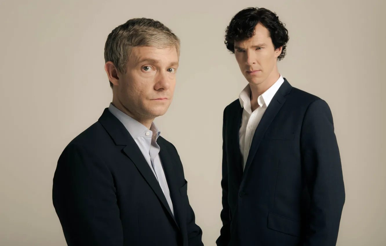 Photo wallpaper art, photoshoot, Martin Freeman, Benedict Cumberbatch, Sherlock bbc, Sherlock BBC, Sherlock Holmes, beige background