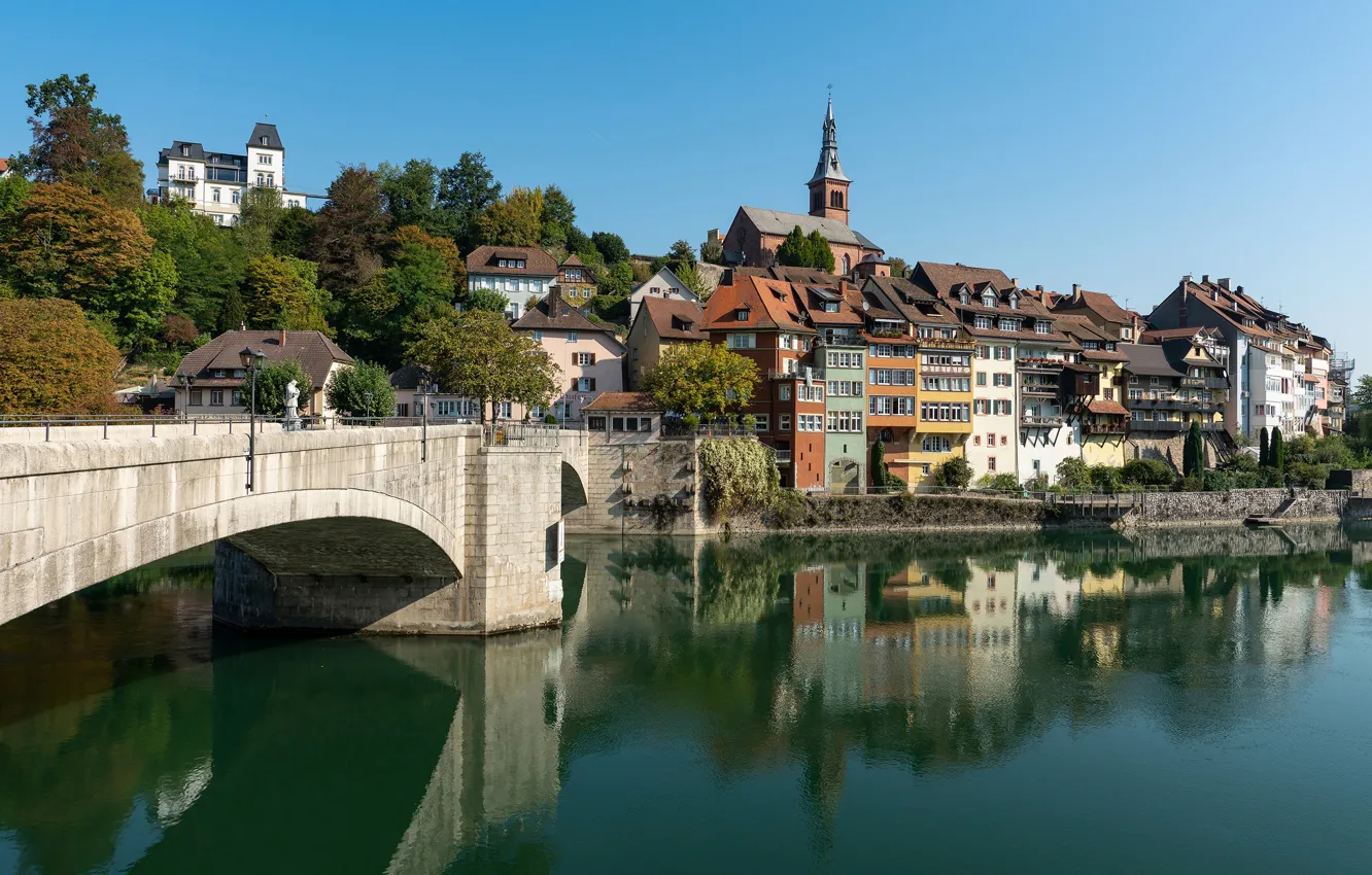 Photo wallpaper bridge, lake, reflection, home, Switzerland, Laufenburg