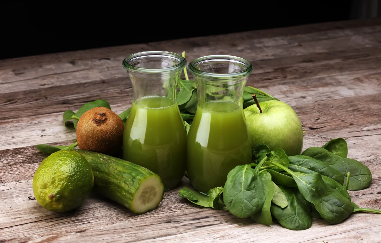 Photo wallpaper greens, leaves, glass, table, apples, Board, kiwi, juice