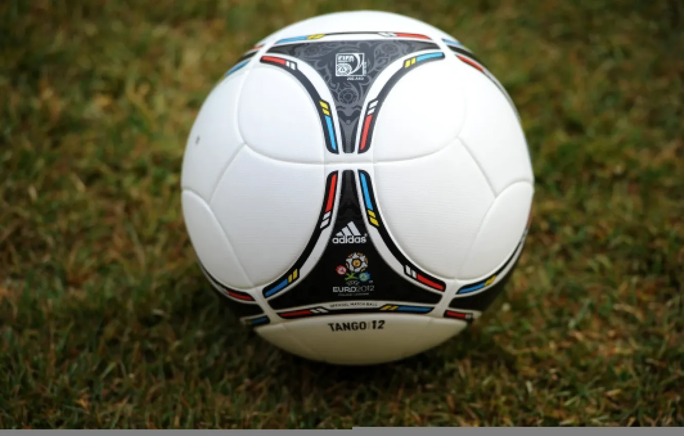 Photo wallpaper grass, football, the ball, icon, logo, logo, emblem, Adidas