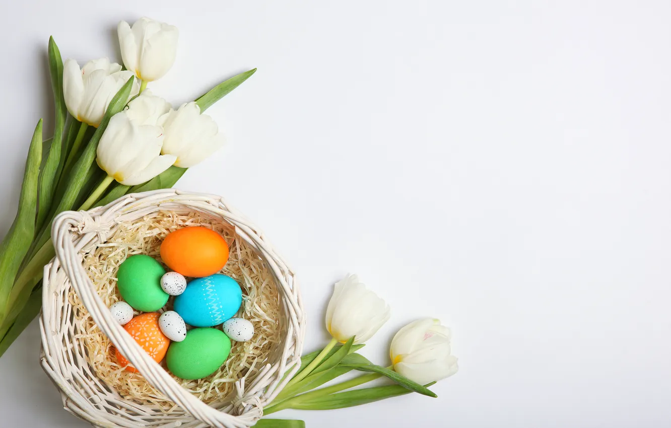 Photo wallpaper flowers, eggs, spring, colorful, Easter, tulips, wood, flowers