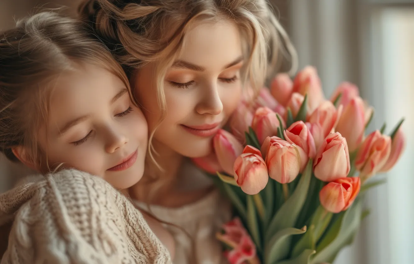 Photo wallpaper girl, flowers, face, smile, birthday, holiday, gift, together