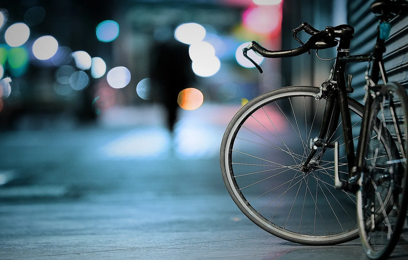 Photo wallpaper night, bike, street, wheel, blur