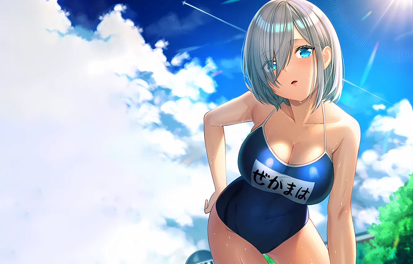 Photo wallpaper girl, sexy, wet, cleavage, sky, boobs, anime, beautiful