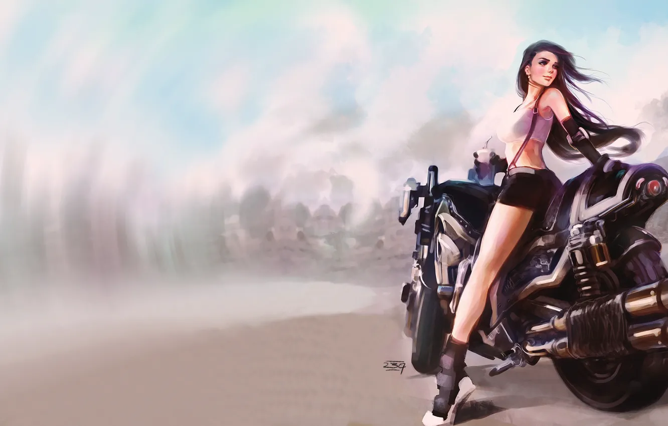 Photo wallpaper road, girl, the wind, the game, art, bike, Final Fantasy VII, Tifa Lockhart