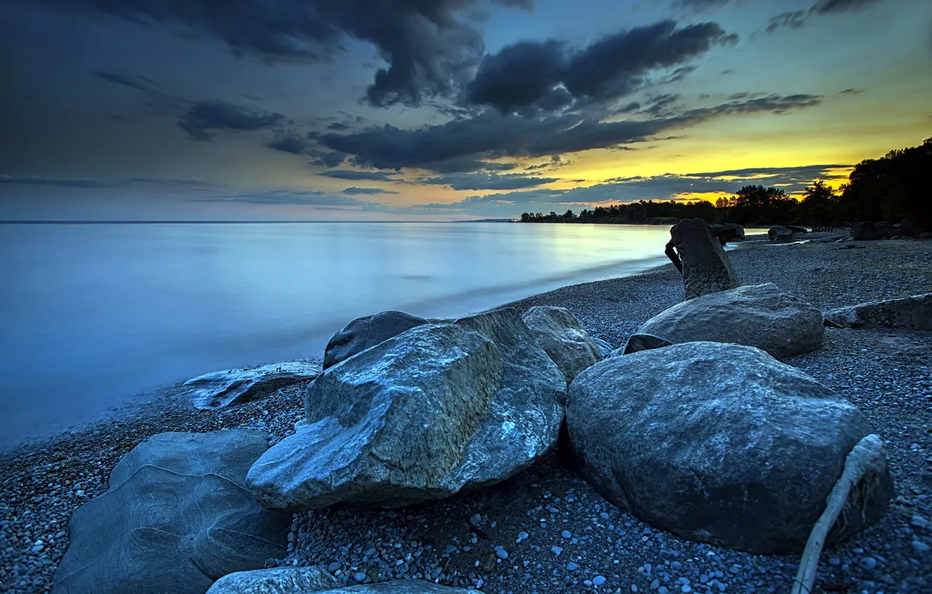 Photo wallpaper sea, landscape, night, stones