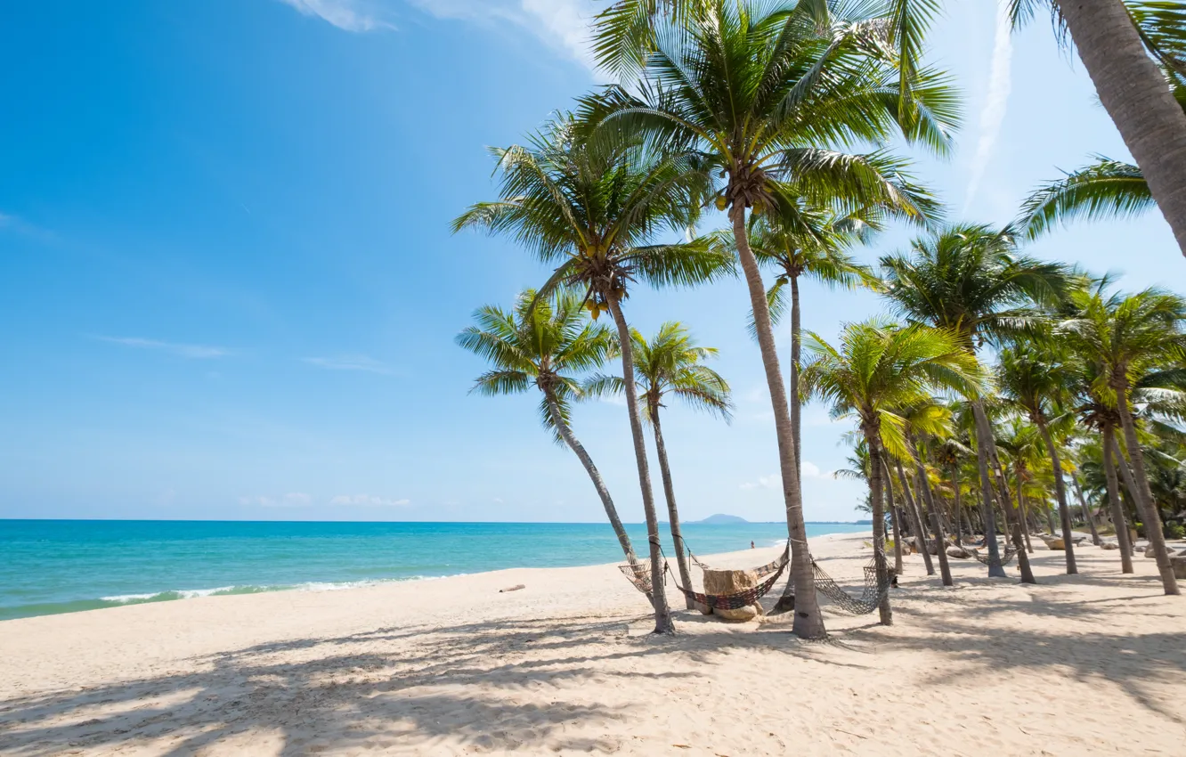 Photo wallpaper sand, sea, wave, beach, summer, the sky, palm trees, shore