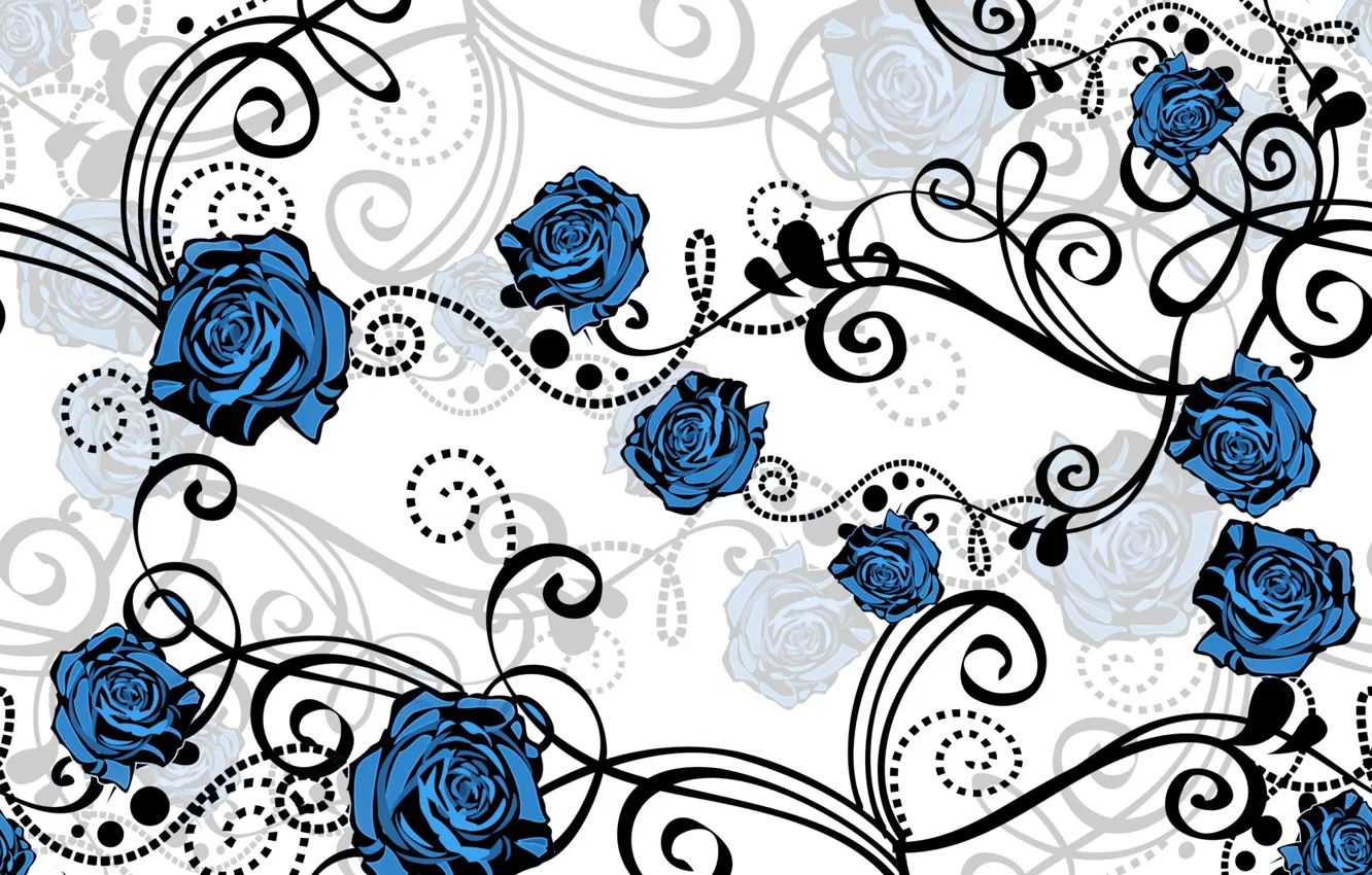 Photo wallpaper white, flowers, background, blue, pattern, roses, vector