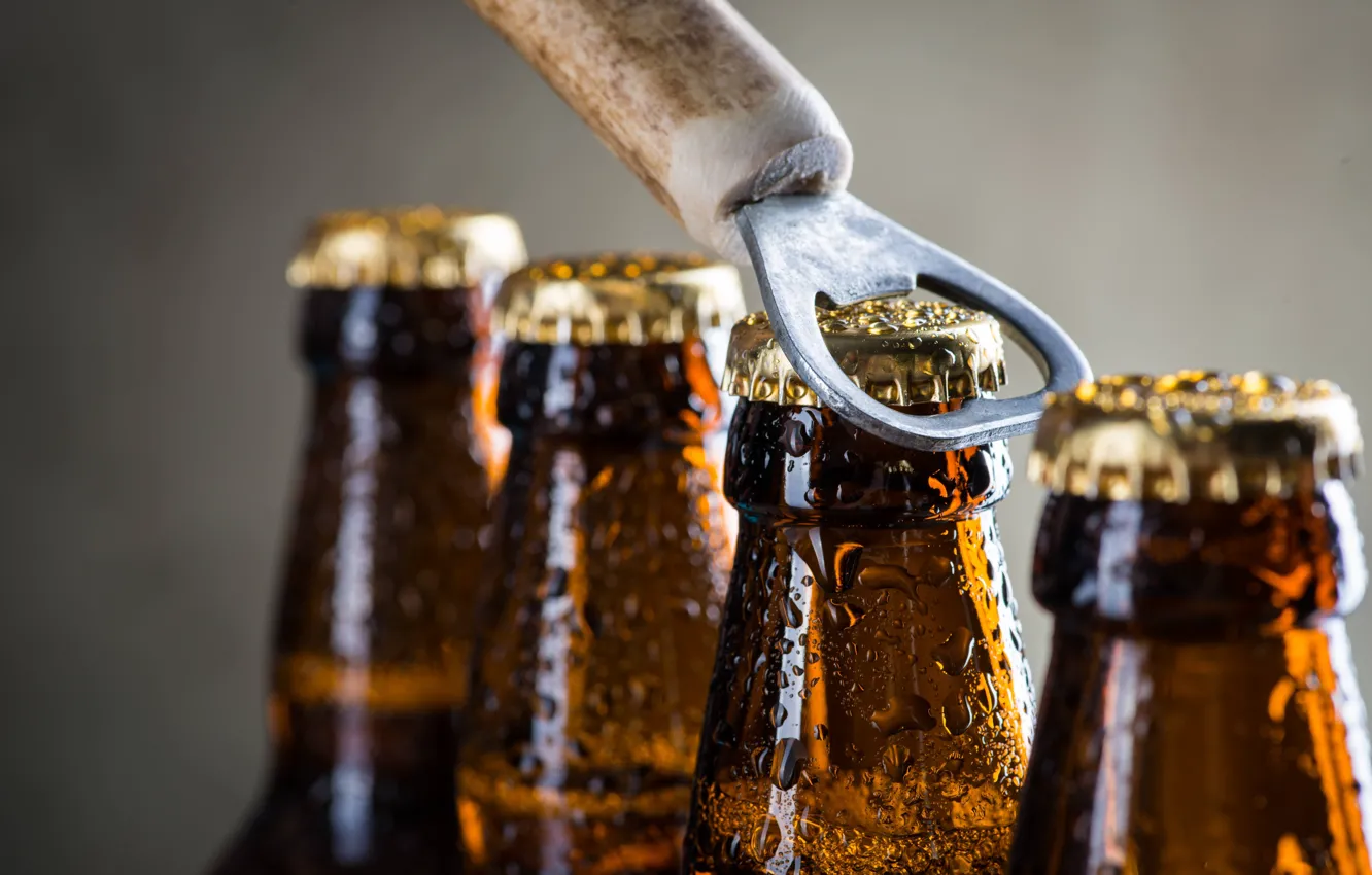 Photo wallpaper metal, glass, beer, bottles, bottle opener