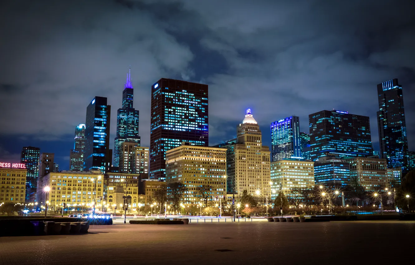 Photo wallpaper Night, Chicago, Skyscrapers, USA, Chicago, skyline, nightscape