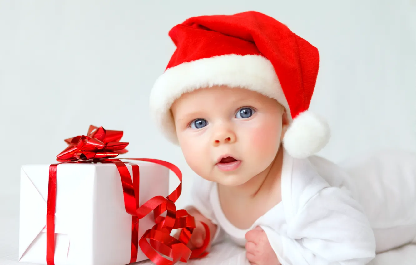 Photo wallpaper gift, hat, child, baby, Christmas, Christmas, baby, gift