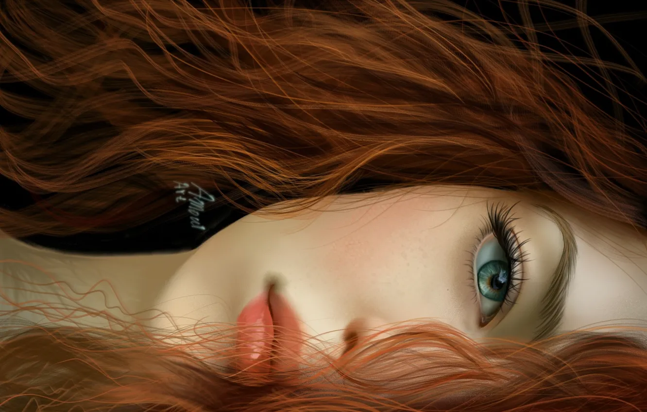 Photo wallpaper look, girl, face, eyes, hair, art, lips, red