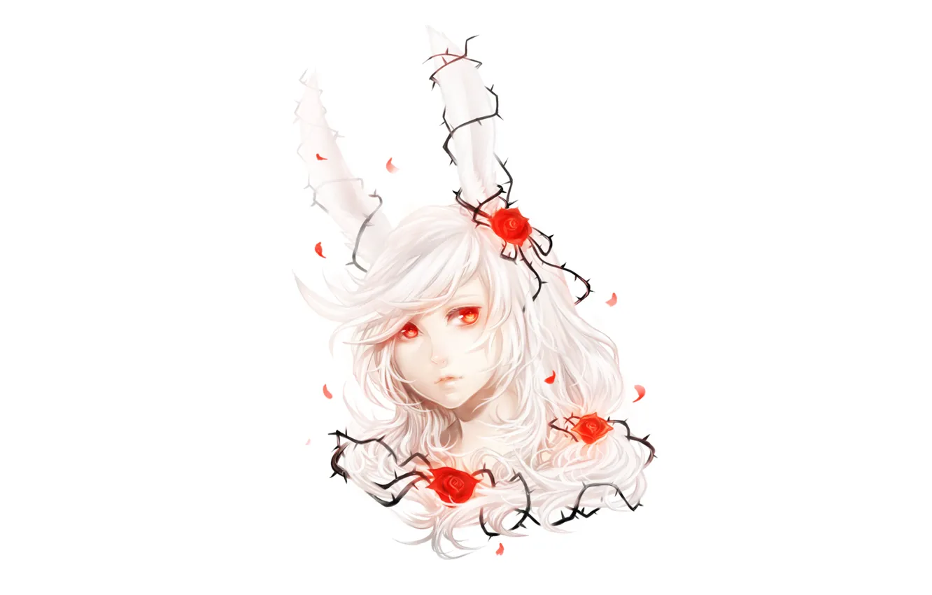 Photo wallpaper white, hare, Girl, ears, red eyes, personification, red roses