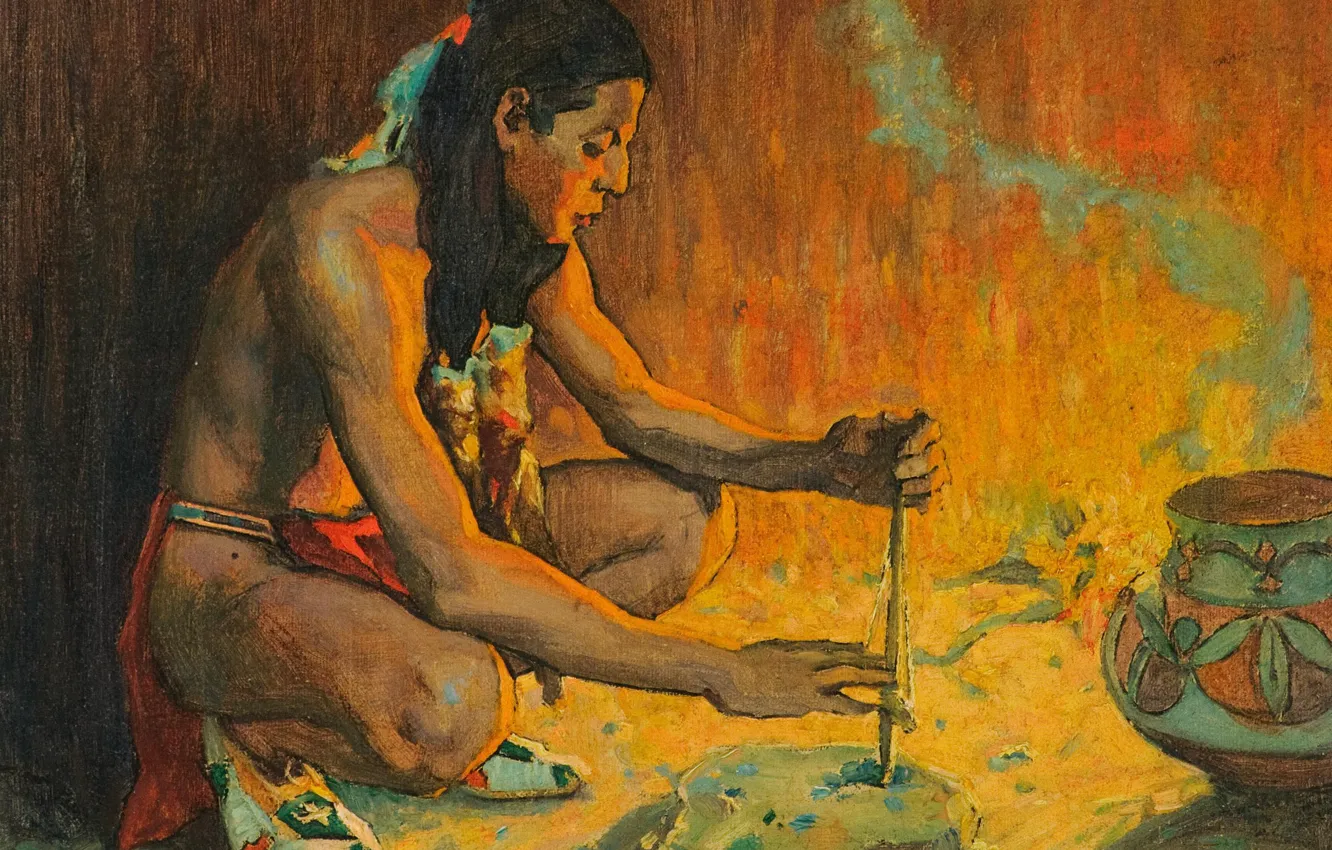 Photo wallpaper Eanger Irving Couse, Drilling Turquoise, the fire