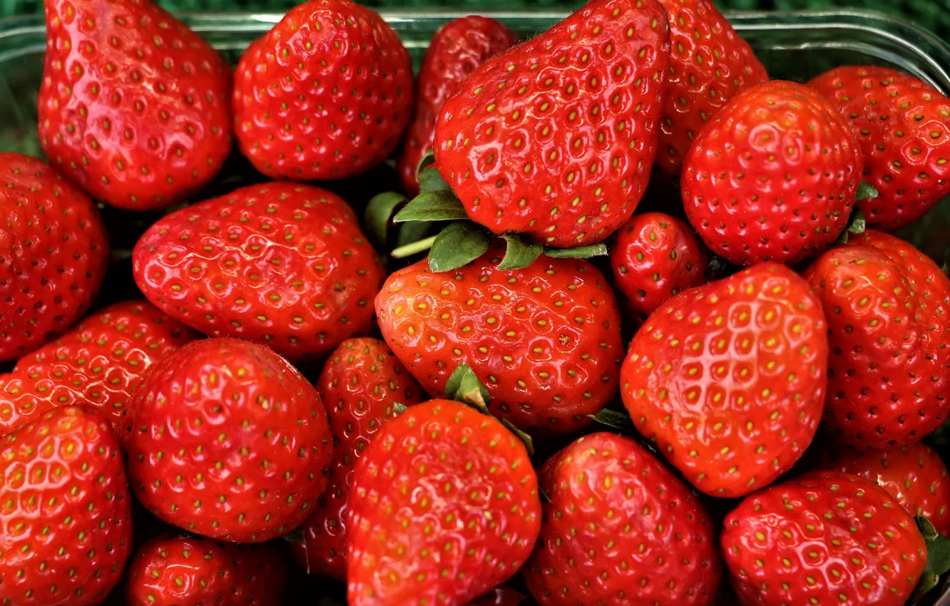 Photo wallpaper macro, berries, food, strawberry, red, a lot, ripe, in the container