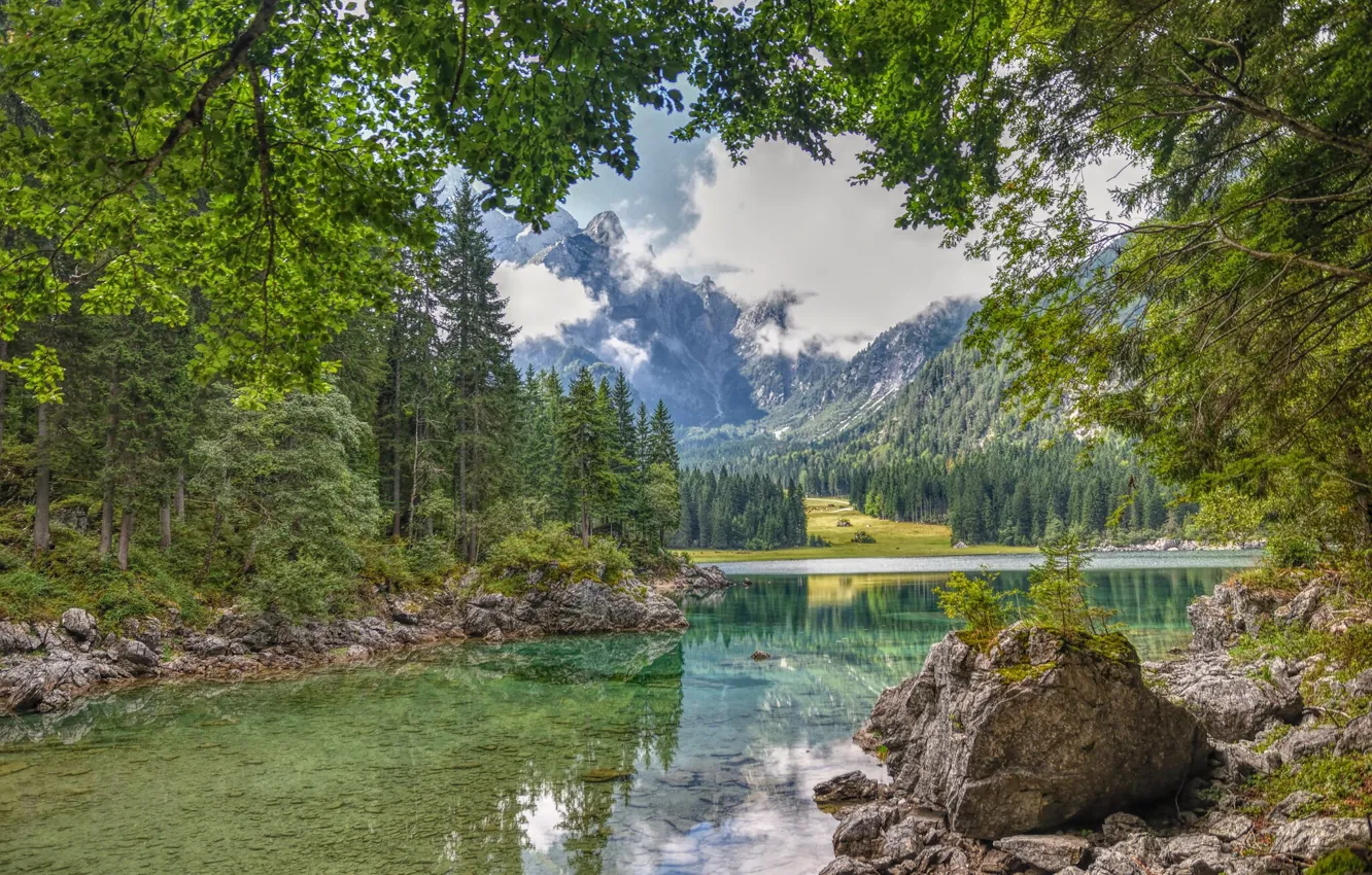 Photo wallpaper forest, trees, mountains, lake, stones, Italy, Italy, The Julian Alps
