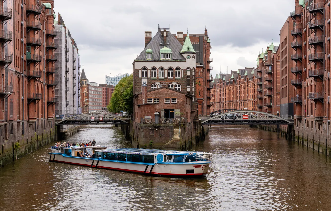 Photo wallpaper bridge, home, Germany, Hamburg, water channel, River court