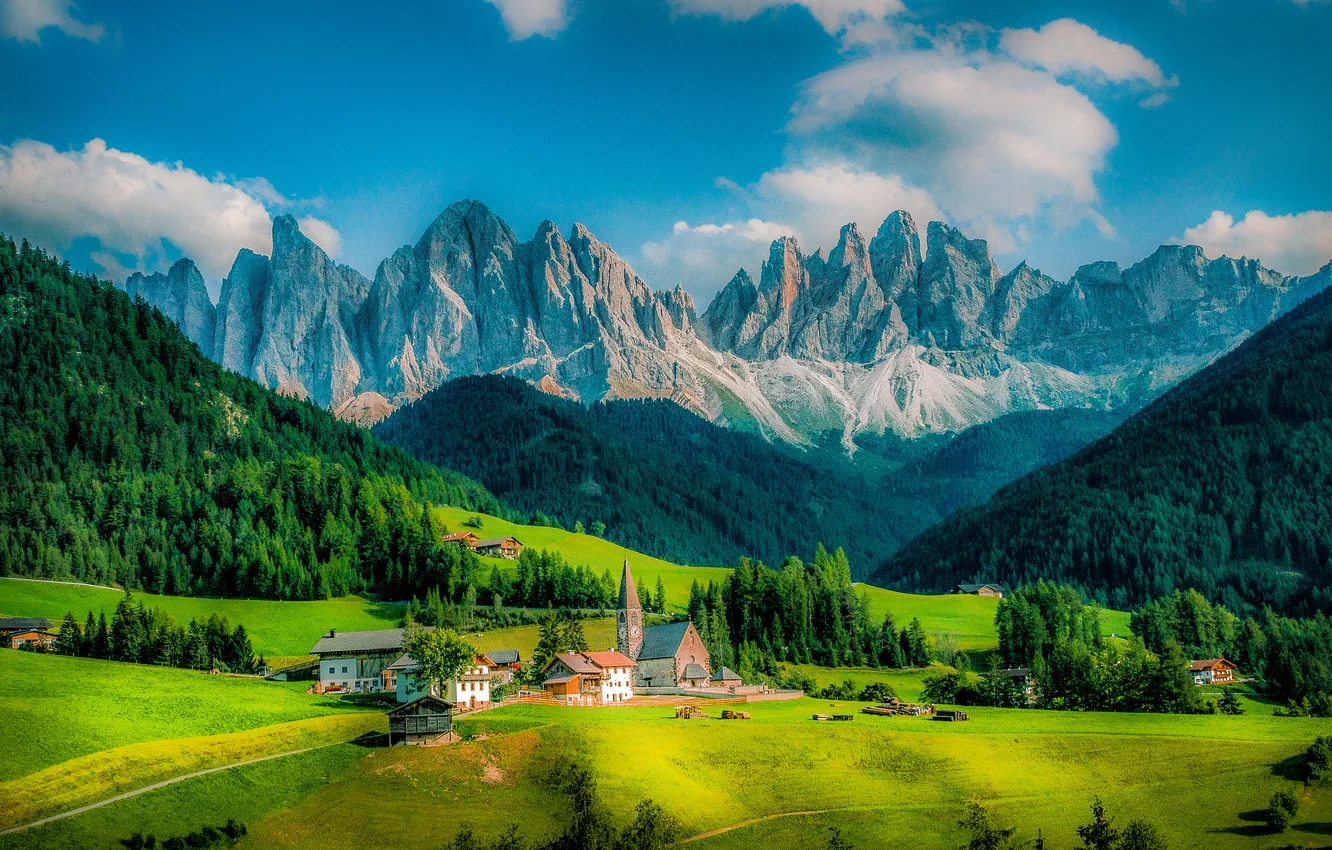 Photo wallpaper field, forest, mountains, Church, house