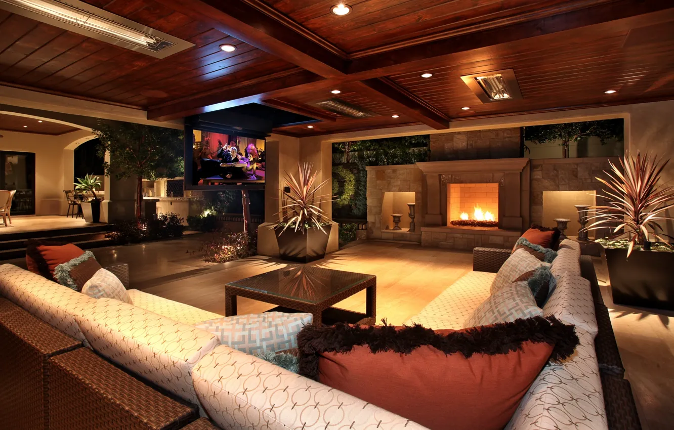 Photo wallpaper trees, lights, sofa, furniture, interior, TV, vase, fireplace