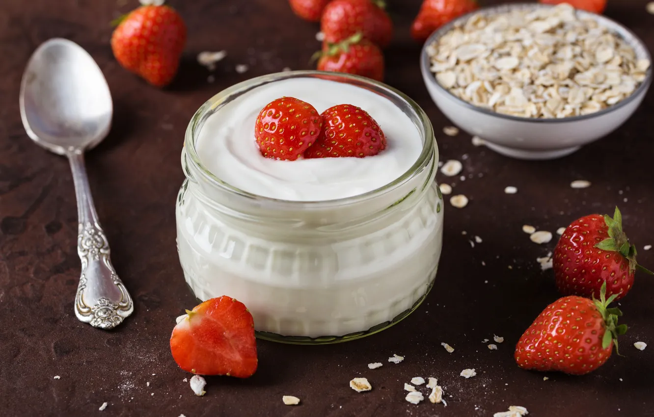 Photo wallpaper strawberry, yogurt, oatmeal