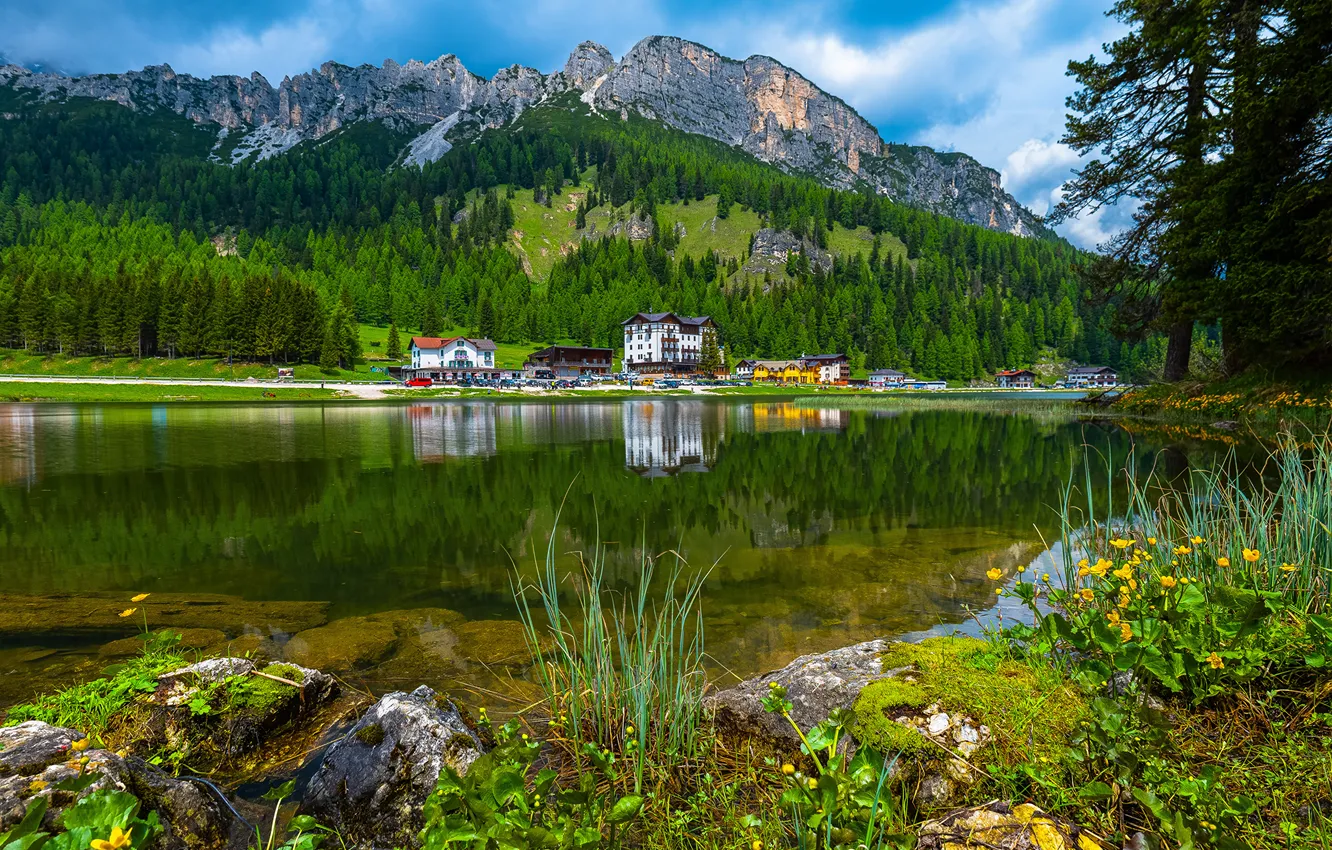Photo wallpaper landscape, mountains, lake, Italy, Misurinasee