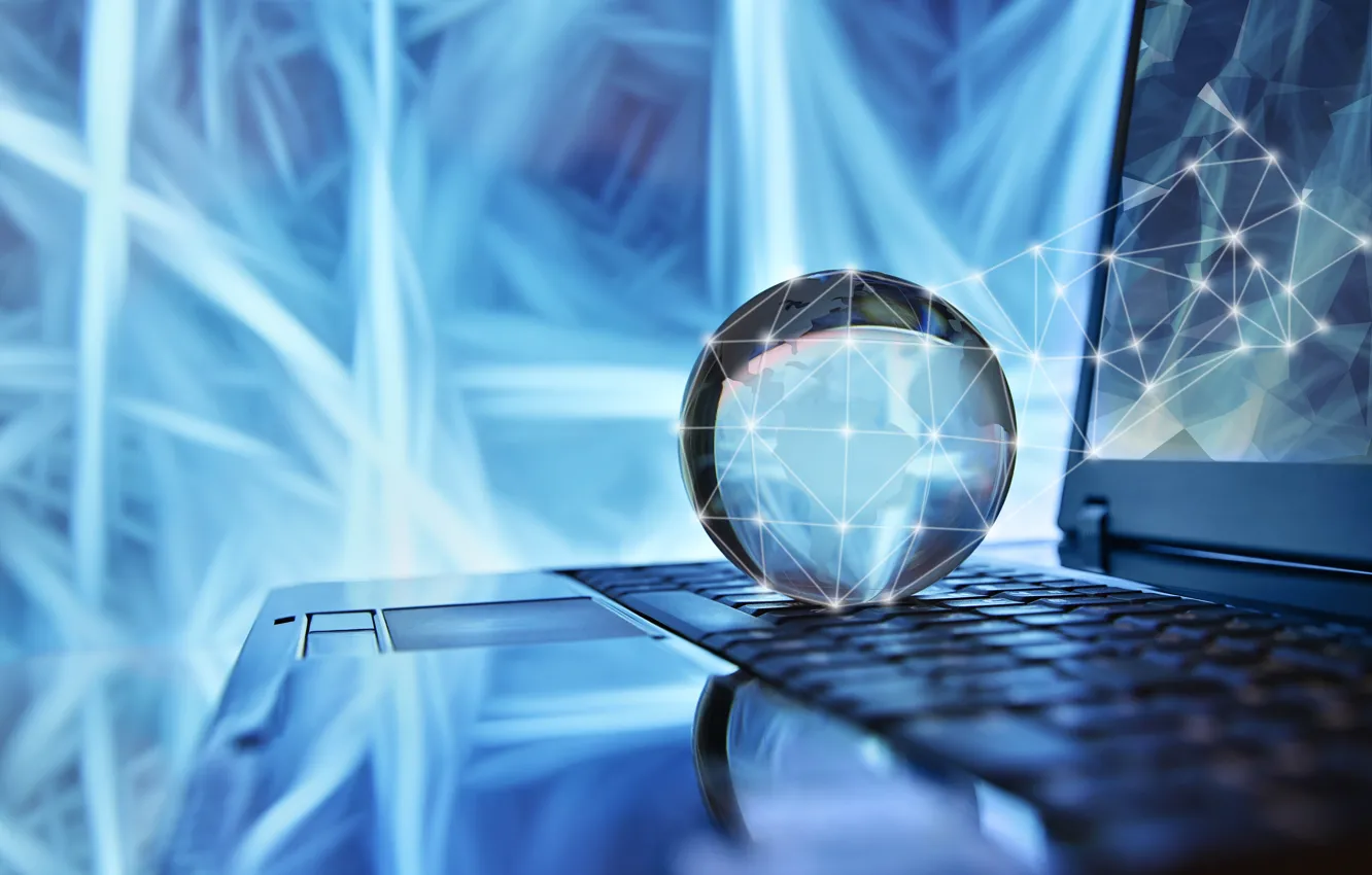 Photo wallpaper computer, macro, light, glow, blur, laptop, globe, background