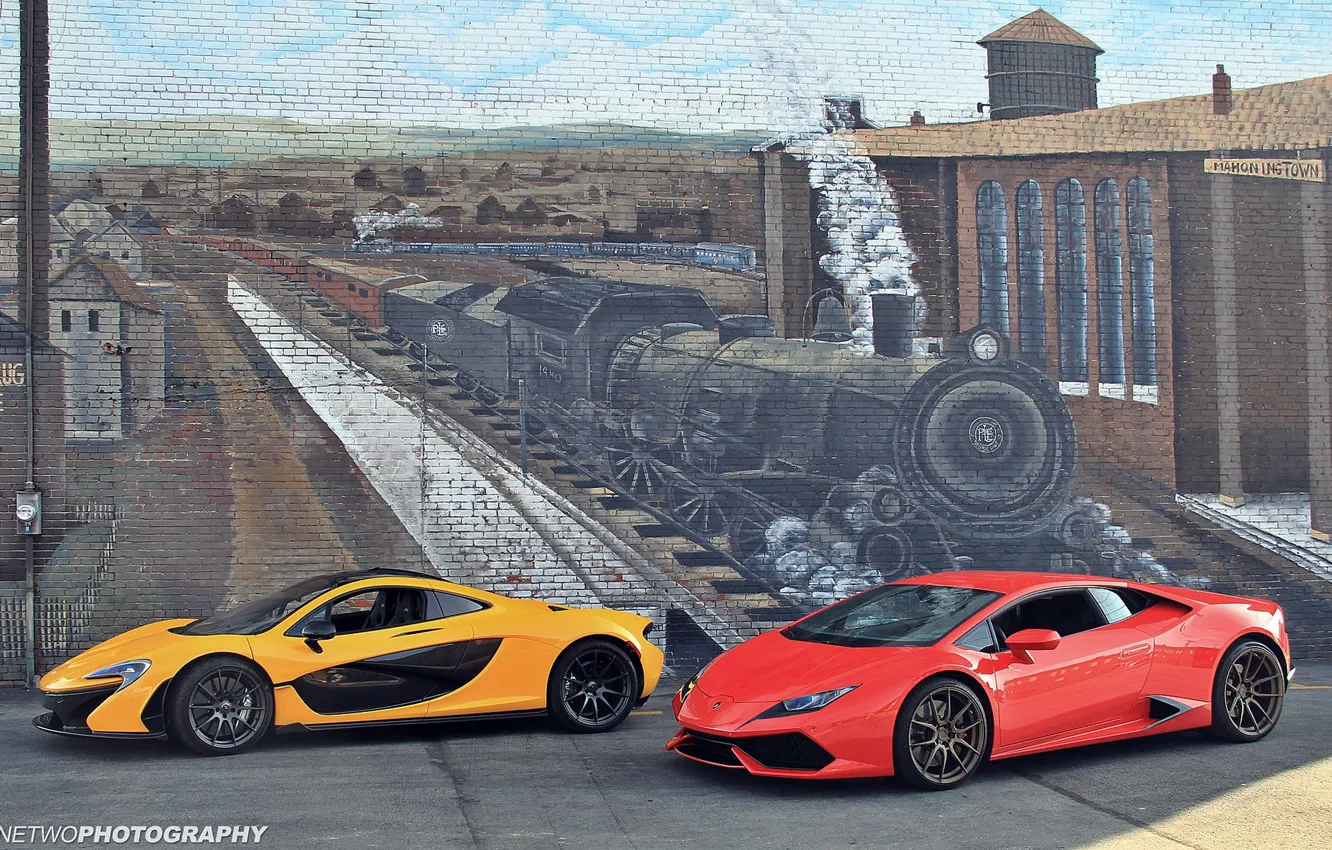 Photo wallpaper wall, figure, train, the engine, McLaren P1, Lamborghini Huracan
